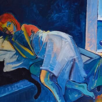 Painting titled "Lucie et le Chat" by Michel Corbel, Original Artwork, Oil