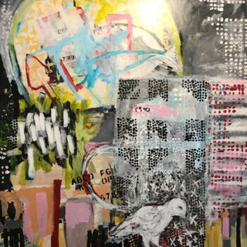 Painting titled "Un oiseau à la fenê…" by Johanne Proulx, Original Artwork, Acrylic Mounted on Wood Stretcher frame