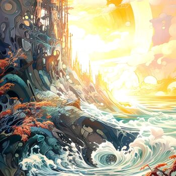 Digital Arts titled "L'art du japon" by Frédéric Font (Chroma), Original Artwork, Digital Painting Mounted on Wood Stretcher…