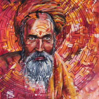 绘画 标题为“Sadhu Maze” 由Magali Angot (Mangot), 原创艺术品, 丙烯 安装在木质担架架上