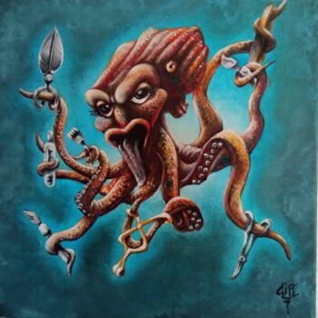 Painting titled "Poulpe chirurgien" by Gipé, Original Artwork, Oil Mounted on Wood Stretcher frame