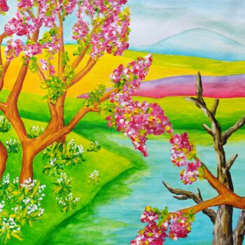 Peinture intitulée "Blossoming cherry t…" par Peter Vamosi, Œuvre d'art originale, Acrylique