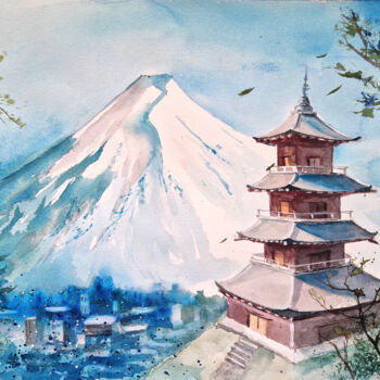 「Fujiyama」というタイトルの絵画 Anastassiya Suslovaによって, オリジナルのアートワーク, 水彩画 段ボールにマウント