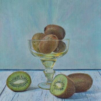 Schilderij getiteld "Kiwi in a vase" door Sergey Suslov, Origineel Kunstwerk, Olie Gemonteerd op Frame voor houten brancard