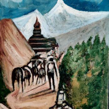 「WAY TO GOD AT HIMAL…」というタイトルの絵画 Anandswaroop Manchirajuによって, オリジナルのアートワーク, オイル
