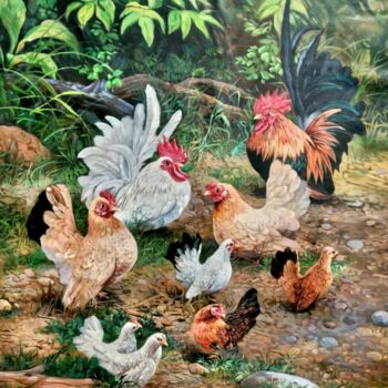 Pittura intitolato "A Flock of Bantams" da Mujiono, Opera d'arte originale, Olio