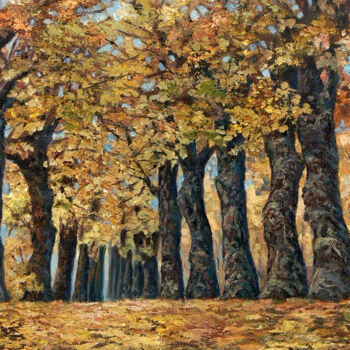 「Autumn alley」というタイトルの絵画 Tamara Rozinskayによって, オリジナルのアートワーク, オイル 段ボールにマウント