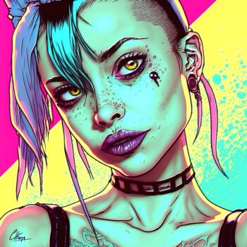 Digitale Kunst getiteld "CyberPop Girl" door Frédéric Font (Chroma), Origineel Kunstwerk, Digitaal Schilderwerk Gemonteerd o…