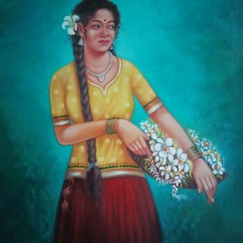 Painting titled "Woman With Flower" by Santosh Dangare, Original Artwork, Oil