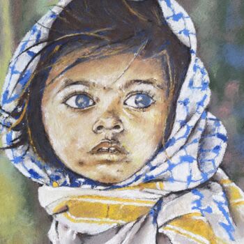 Painting titled "Enfant-sguardo guja…" by Philippe Ernauld, Original Artwork, Pastel Mounted on Wood Panel