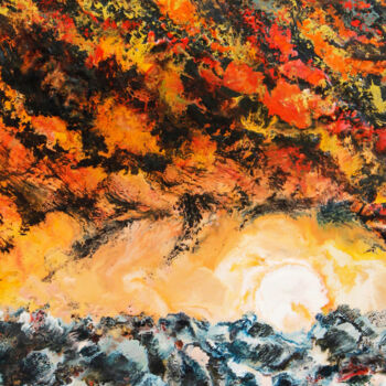 「Puesta de sol en el…」というタイトルの絵画 Albert Cruellsによって, オリジナルのアートワーク, エンカウスティーク ウッドパネルにマウント