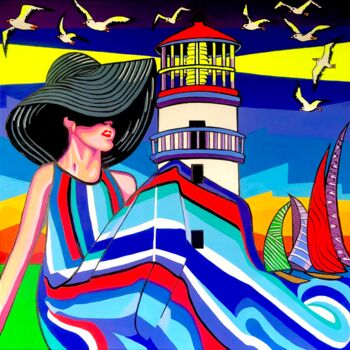 Painting titled "Il faro e la Signor…" by Chanterax, Original Artwork, Acrylic Mounted on Wood Stretcher frame