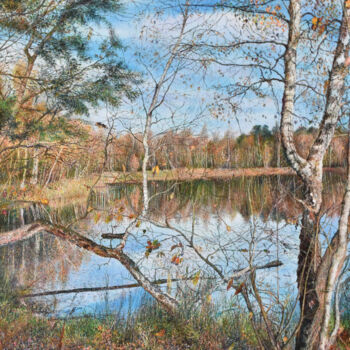 Peinture intitulée "Lake in autumn" par Sergey Suslov, Œuvre d'art originale, Huile