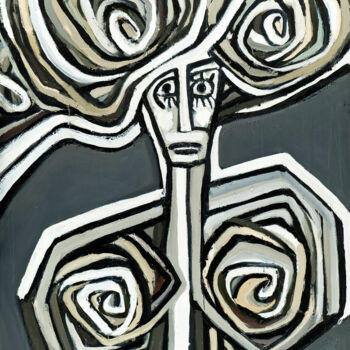 Painting titled "Desnudo en blanco y…" by Albert Cruells, Original Artwork, Oil Mounted on Wood Stretcher frame