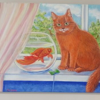 Painting titled "Cat cat and fish" by Tatiana Shirova, Original Artwork, Oil Mounted on Wood Stretcher frame