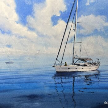 Malerei mit dem Titel "Sailboat and Sereni…" von Erkin Yılmaz, Original-Kunstwerk, Aquarell