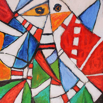 Painting titled "Hombre en el jardín…" by Albert Cruells, Original Artwork, Oil Mounted on Wood Stretcher frame
