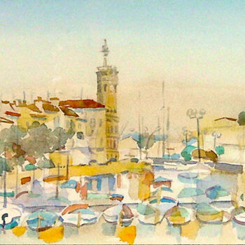 Painting titled "PETIT PORT DE LA CI…" by Michèle Froment, Original Artwork, Watercolor Mounted on Cardboard