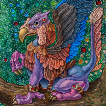 Painting titled "Gryphon" by Victor Molev, Original Artwork, Oil Mounted on Cardboard