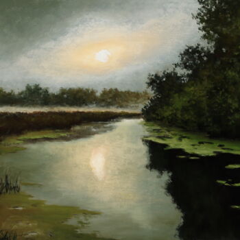 Painting titled "At down" by Oleg Baulin, Original Artwork, Oil Mounted on Wood Stretcher frame