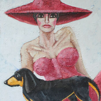 Schilderij getiteld "Mujer, sombrero roj…" door Albert Cruells, Origineel Kunstwerk, Acryl Gemonteerd op Frame voor houten b…