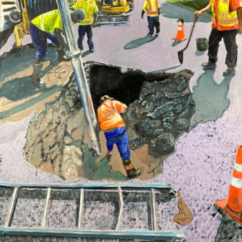 Ζωγραφική με τίτλο "Water Main Break" από Michael E. Voss, Αυθεντικά έργα τέχνης, Λάδι Τοποθετήθηκε στο Ξύλινο φορείο σκελετό