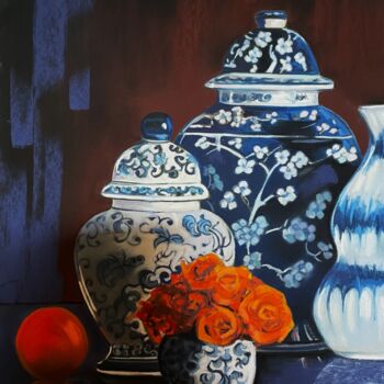 Painting titled "Faïences et roses" by Brigitte Bouron, Original Artwork, Pastel