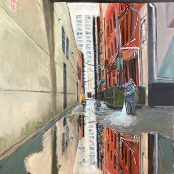 Ζωγραφική με τίτλο "Alley Wash" από Michael E. Voss, Αυθεντικά έργα τέχνης, Λάδι Τοποθετήθηκε στο Ξύλινο φορείο σκελετό