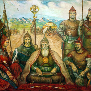 Malerei mit dem Titel "Oguzhan with the so…" von Allamyrat Muhammedov, Original-Kunstwerk, Öl