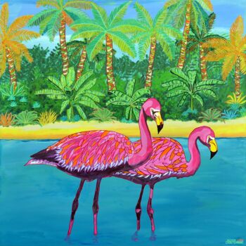 Peinture intitulée "Deux flamants roses…" par Pascal Poutchnine, Œuvre d'art originale, Acrylique Monté sur Châssis en bois
