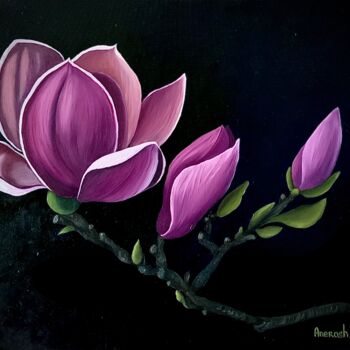 Painting titled "Magnolia" by Anerosh, Original Artwork, Oil Mounted on Wood Stretcher frame