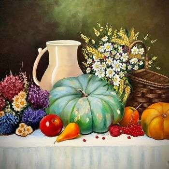 Painting titled "Citrouilles et fleu…" by Anerosh, Original Artwork, Oil Mounted on Wood Stretcher frame
