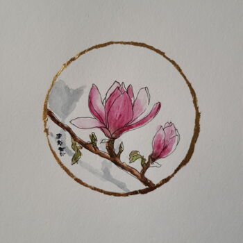 Ζωγραφική με τίτλο "Japanese style pink…" από Ekaterina Andreeva, Αυθεντικά έργα τέχνης, Ακουαρέλα