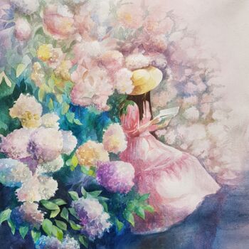 Malerei mit dem Titel "Hortensie und Buch" von Anastasia Weishaupt, Original-Kunstwerk, Aquarell