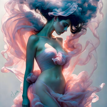 a woman floating in hyper realistic pink smoky clouds SOLD