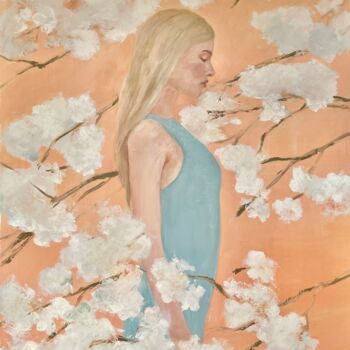 Painting titled "Woman Among Blossom…" by Ditim, Original Artwork, Oil Mounted on Wood Stretcher frame