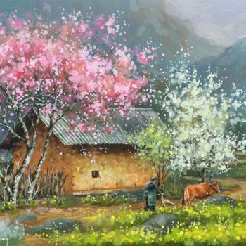 Painting titled "Mùa hoa vùng cao ("…" by Thi Dung Nguyen, Original Artwork, Acrylic