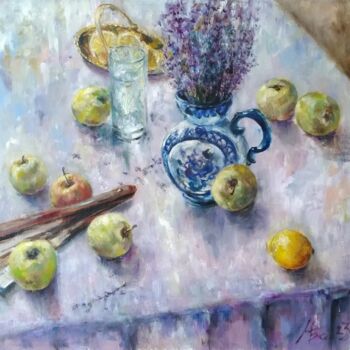 绘画 标题为“Still life with lav…” 由Maria Bel, 原创艺术品, 油 安装在纸板上