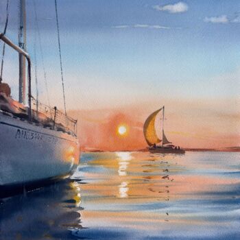 Painting titled "Yachts at sunset #10" by Eugenia Gorbacheva, Original Artwork, Watercolor
