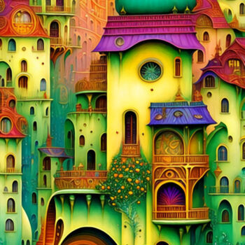 「fantastical citysca…」というタイトルのデジタルアーツ Si Levinによって, オリジナルのアートワーク, AI生成画像 artwork_cat.にマウント