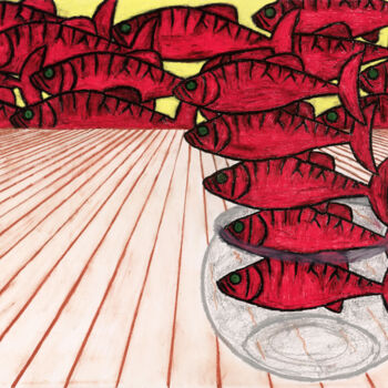 Drawing titled "Banc de Poissons" by Jean-Charles Hecquet, Original Artwork, Chalk