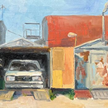 「loved one's garage」というタイトルの絵画 Anna Belovによって, オリジナルのアートワーク, オイル ウッドストレッチャーフレームにマウント