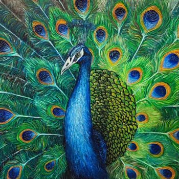 绘画 标题为“Majestic Peacock” 由Olesia Lebedenko, 原创艺术品, 油 安装在木质担架架上