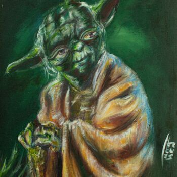 Schilderij getiteld "Yoda; Star Wars" door Hercules Rodriguez, Origineel Kunstwerk, Acryl Gemonteerd op Frame voor houten br…
