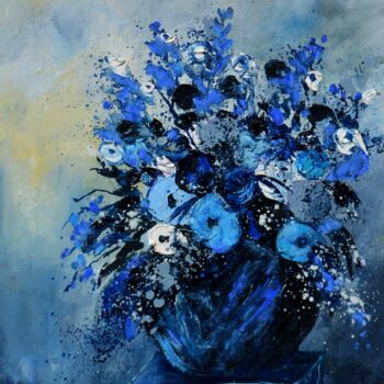 「Blue still life 4523」というタイトルの絵画 Pol Ledentによって, オリジナルのアートワーク, オイル ウッドストレッチャーフレームにマウント