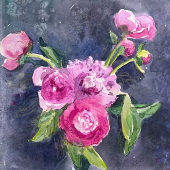 Pintura intitulada "Peonies" por Valentina Pushkareva, Obras de arte originais, Aquarela