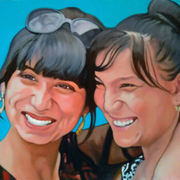 Painting titled "Girls talk" by Takuart, Original Artwork, Oil Mounted on Wood Stretcher frame