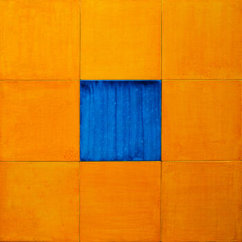 Malerei mit dem Titel "9 Tiles Orange Blue" von Marc René Geiser (slvrlane), Original-Kunstwerk, Pigmente Auf Holzplatte mon…