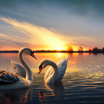 Digital Arts με τίτλο "Mute Swans on the l…" από Manolis Tsantakis, Αυθεντικά έργα τέχνης, Εικόνα που δημιουργήθηκε με AI