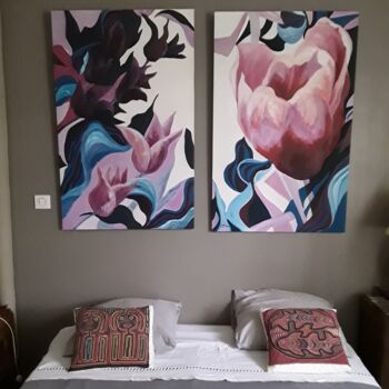 Malerei mit dem Titel "Les tulipes diptyque" von Mi Baudry, Original-Kunstwerk, Acryl Auf Keilrahmen aus Holz montiert